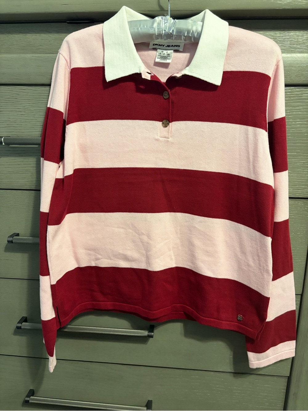 Dkny Pink and Red Striped V-Neck Polo Sweater